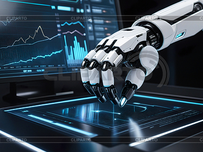 La mano robótica apunta al gráfico, diagrama. inteligencia artificial | Ilustración de alta resolución |ID 7652892