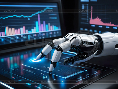 La mano robótica apunta al gráfico, diagrama. inteligencia artificial | Ilustración de alta resolución |ID 7652894