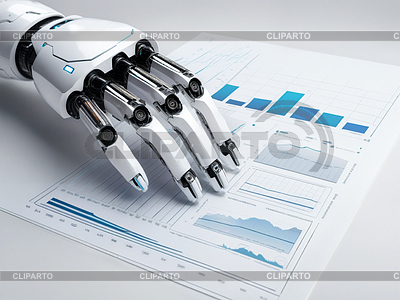 Роботизированная рука указывает на график, диаграмму. искусственный интеллект | Иллюстрация большого размера |ID 7652904