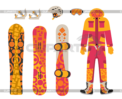 Ropa deportiva snowboard y herramientas elementos | Ilustración vectorial de stock |ID 5449259