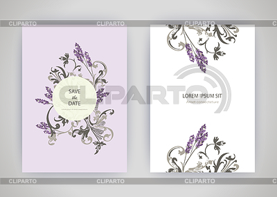 Conjunto de tarjeta con flores de lavanda, hojas. Boda | Ilustración vectorial de stock |ID 6636130