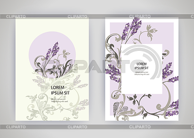 Conjunto de tarjeta con flores de lavanda, hojas. Boda | Ilustración vectorial de stock |ID 6636132