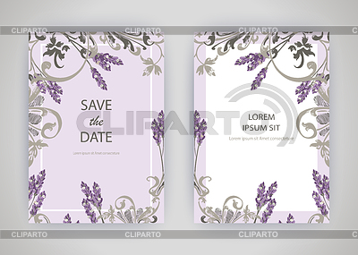 Conjunto de tarjeta con flores de lavanda, hojas. Boda | Ilustración vectorial de stock |ID 6636139