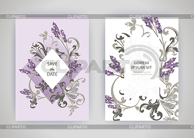 Conjunto de tarjeta con flores de lavanda, hojas. Boda | Ilustración vectorial de stock |ID 6636141