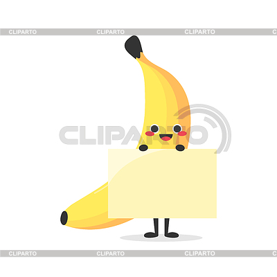 Lindo personaje de plátano de dibujos animados sosteniendo un papel en blanco  | Ilustración vectorial de stock |ID 7638810